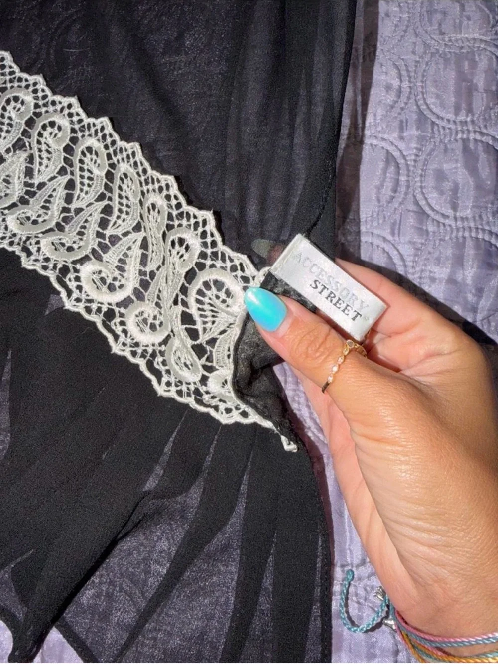 Y2K Black Scarf with Cream Lace Trim - Women's Accessory